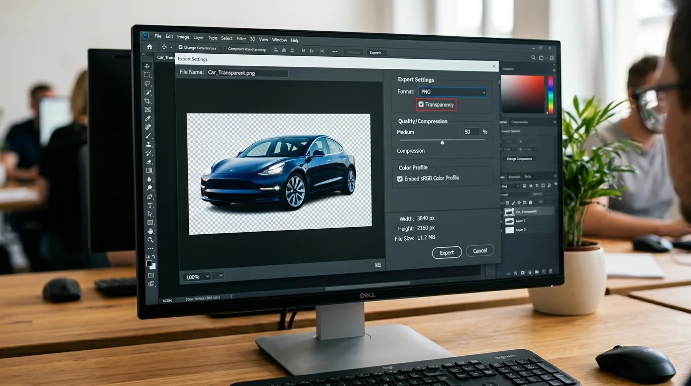 Export settings panel for transparent PNG car image