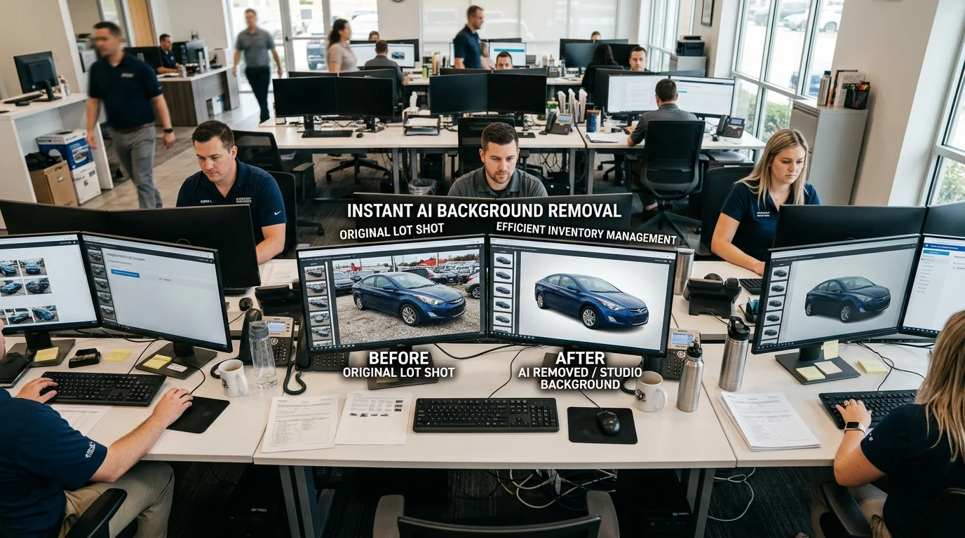 Before and after car photos showing AI background removal results