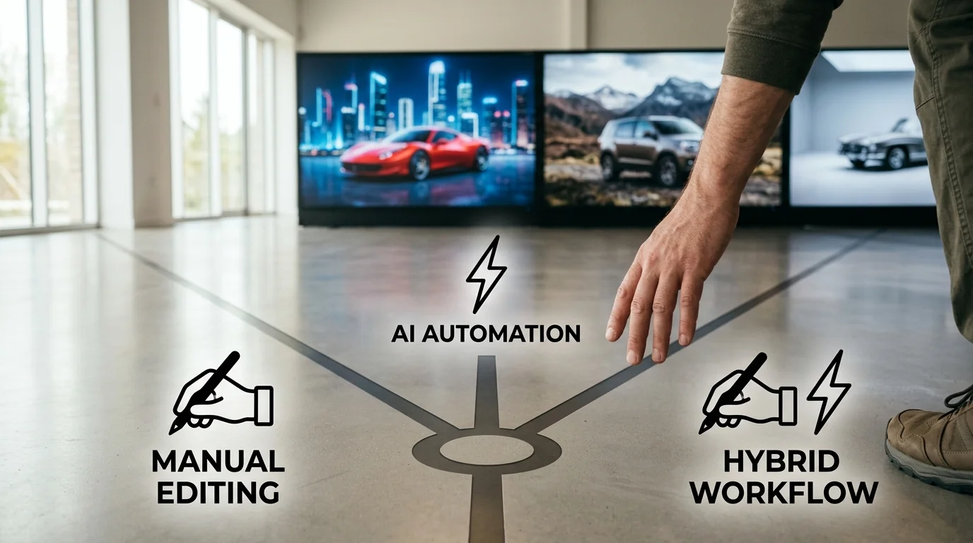 Conceptual paths representing manual, AI, and hybrid background workflows for car photos