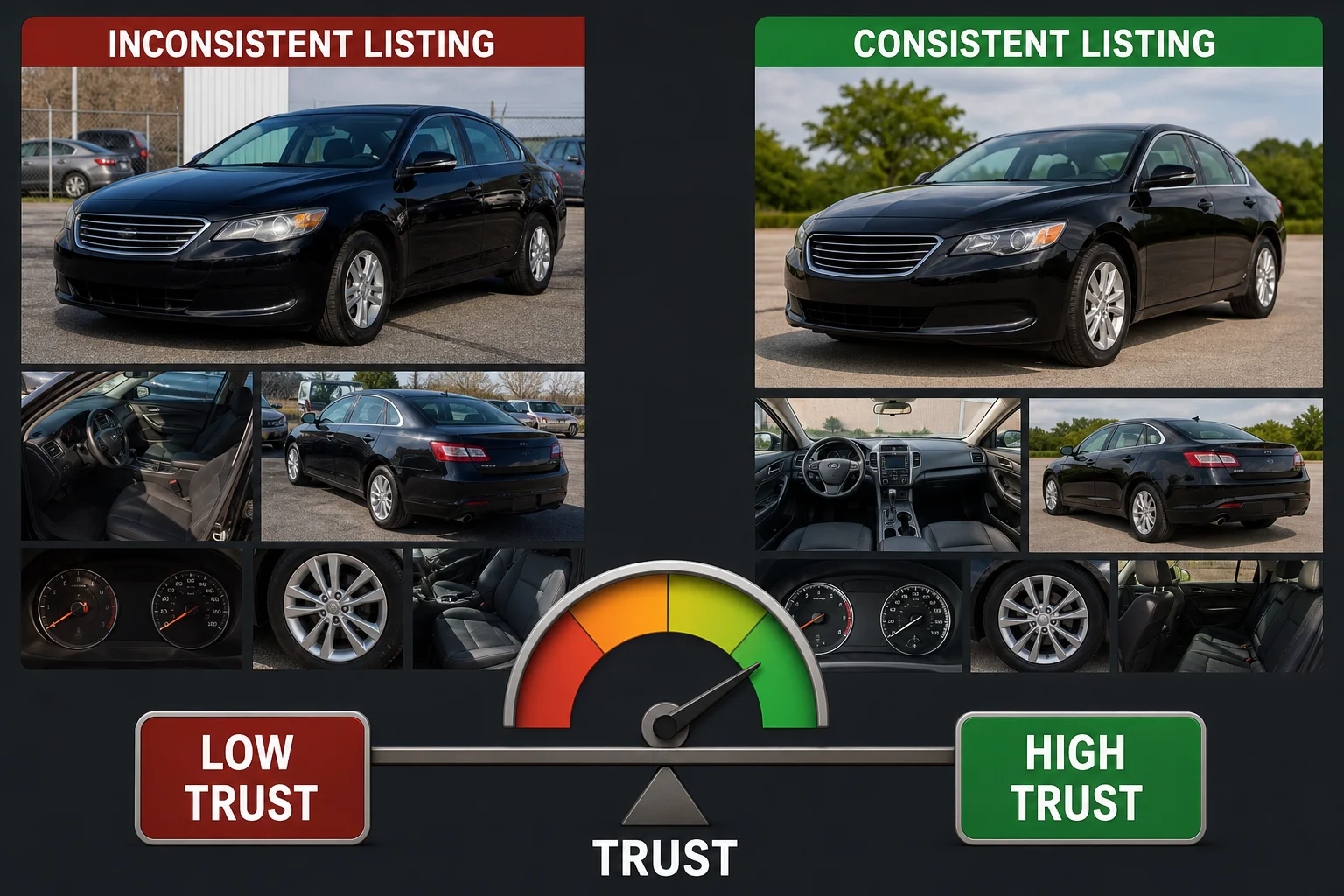 Side-by-side comparison showing how visual consistency builds buyer trust in car listings