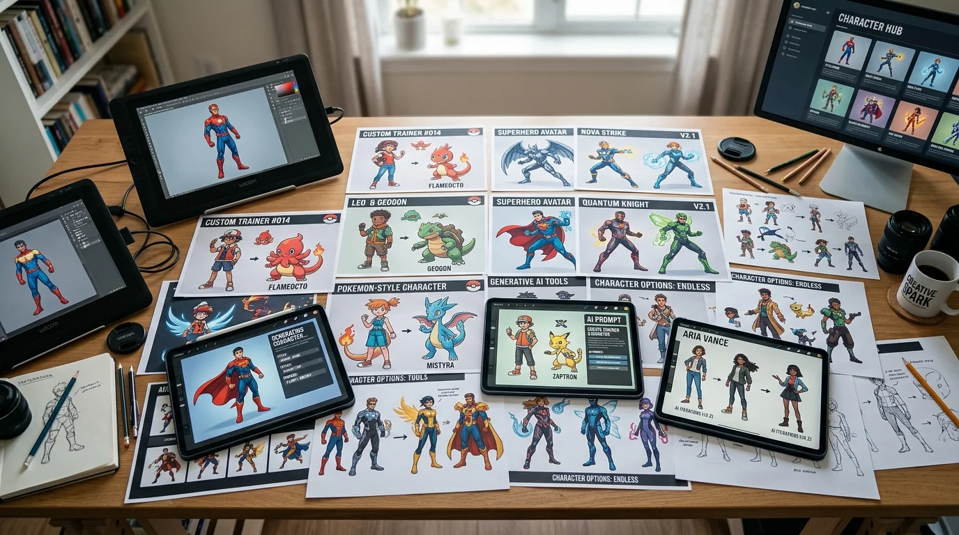 Desk covered with custom AI-generated trainer and superhero character designs