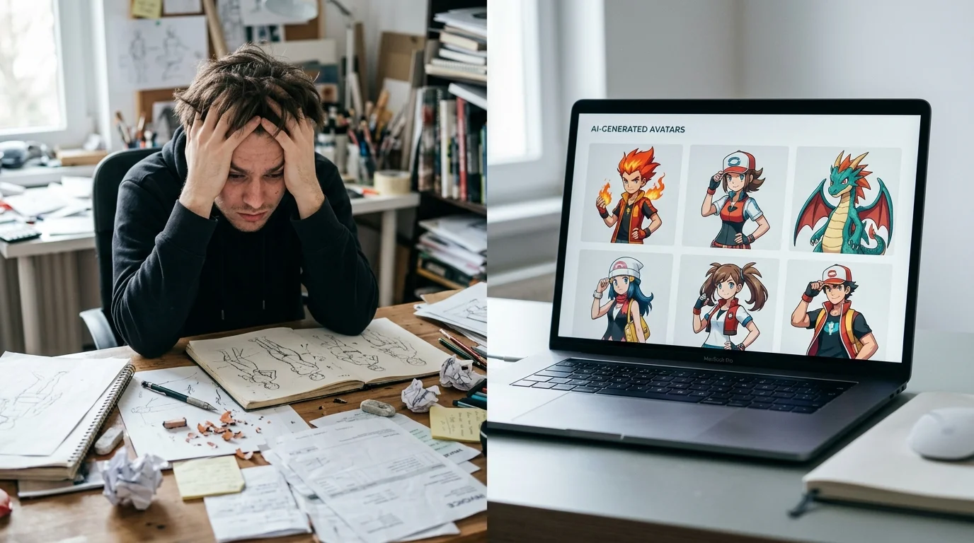Visual comparison of traditional character design workflow versus fast AI trainer generation