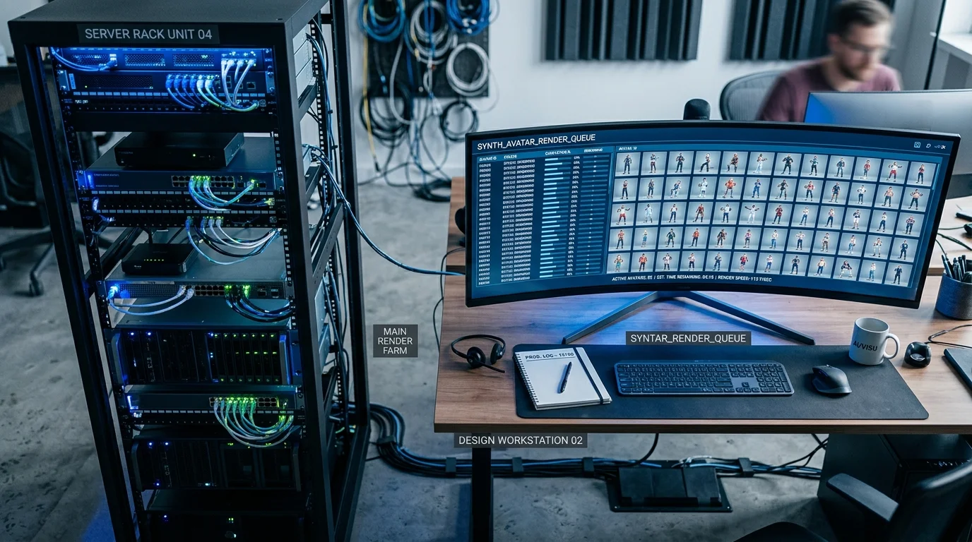 Workstation showing batch generation of many AI trainer avatars symbolizing scalable production