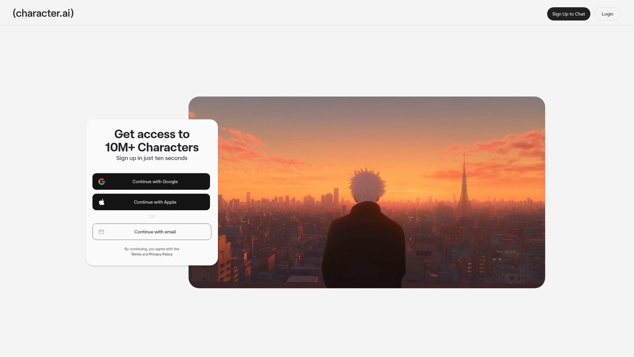 Character.AI homepage showing character chat and creation interface