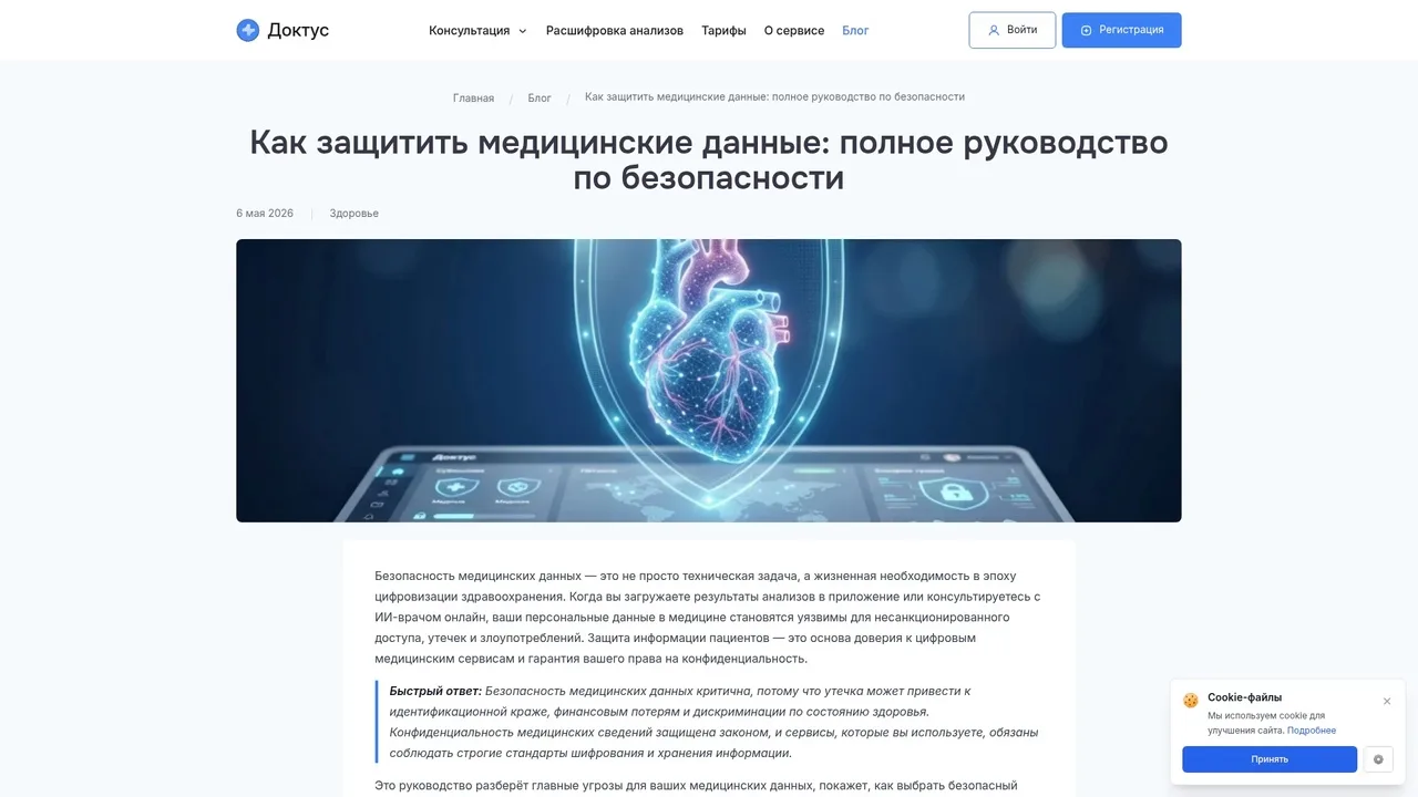 Страница руководства по защите медицинских данных на Doctus.chat