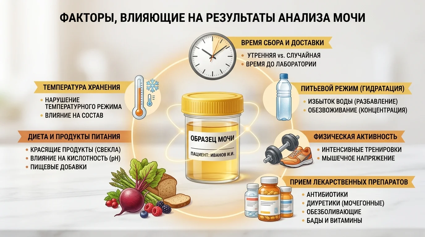 Факторы, влияющие на результаты анализа мочи: гидратация, физическая активность, лекарства, питание