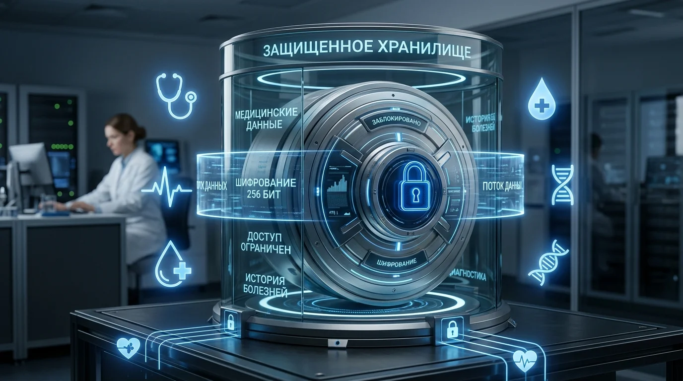 Защищённое хранилище медицинских данных с шифрованием и символами здравоохранения