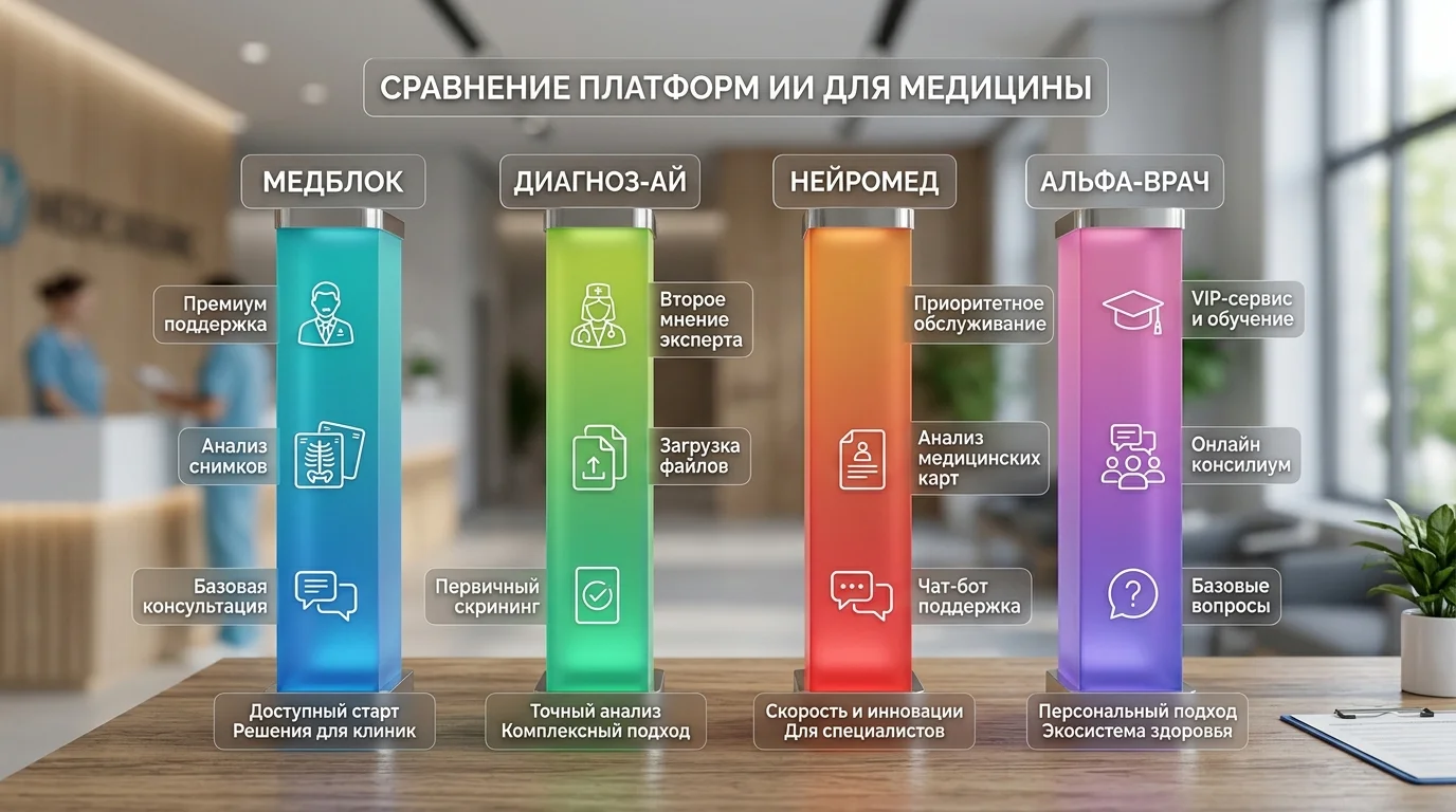 Сравнение цен и функционала четырёх популярных платформ ИИ врачей в России