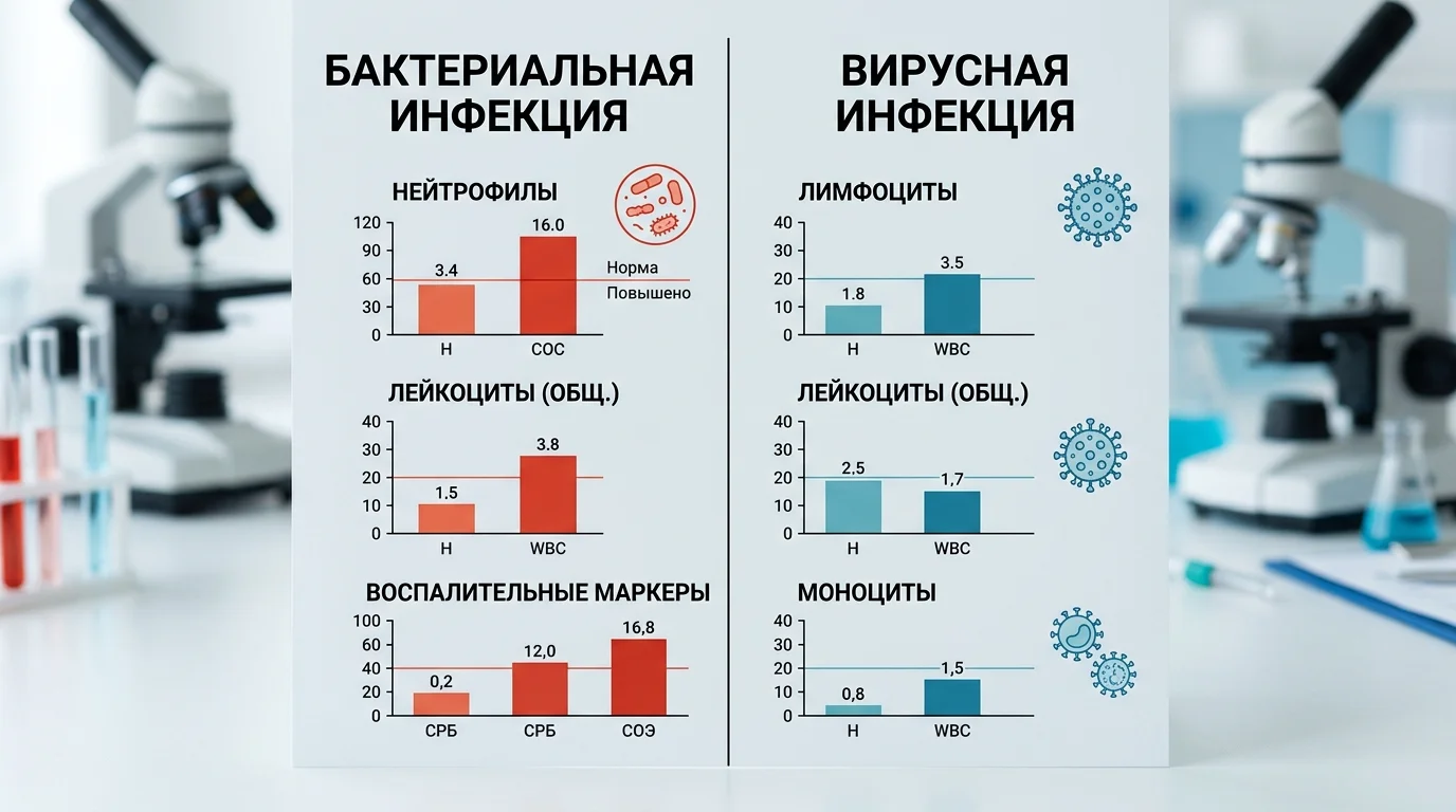 Сравнение показателей при бактериальной и вирусной инфекции
