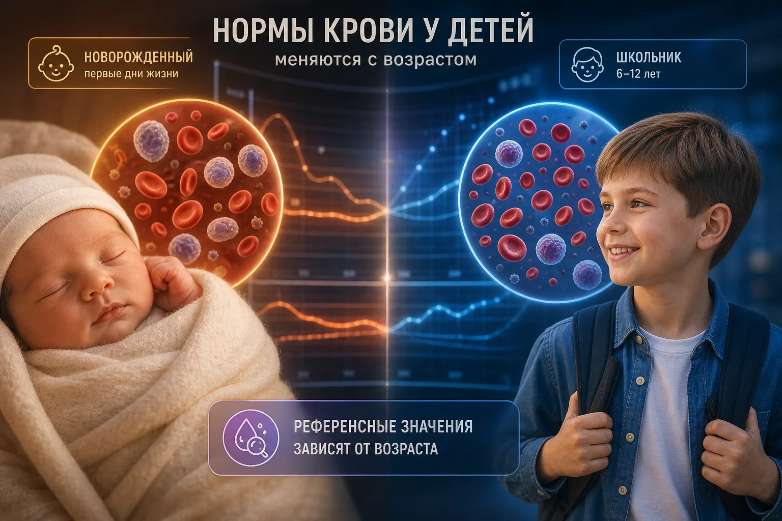 Визуальное сравнение норм ОАК у новорождённого и ребёнка старшего возраста