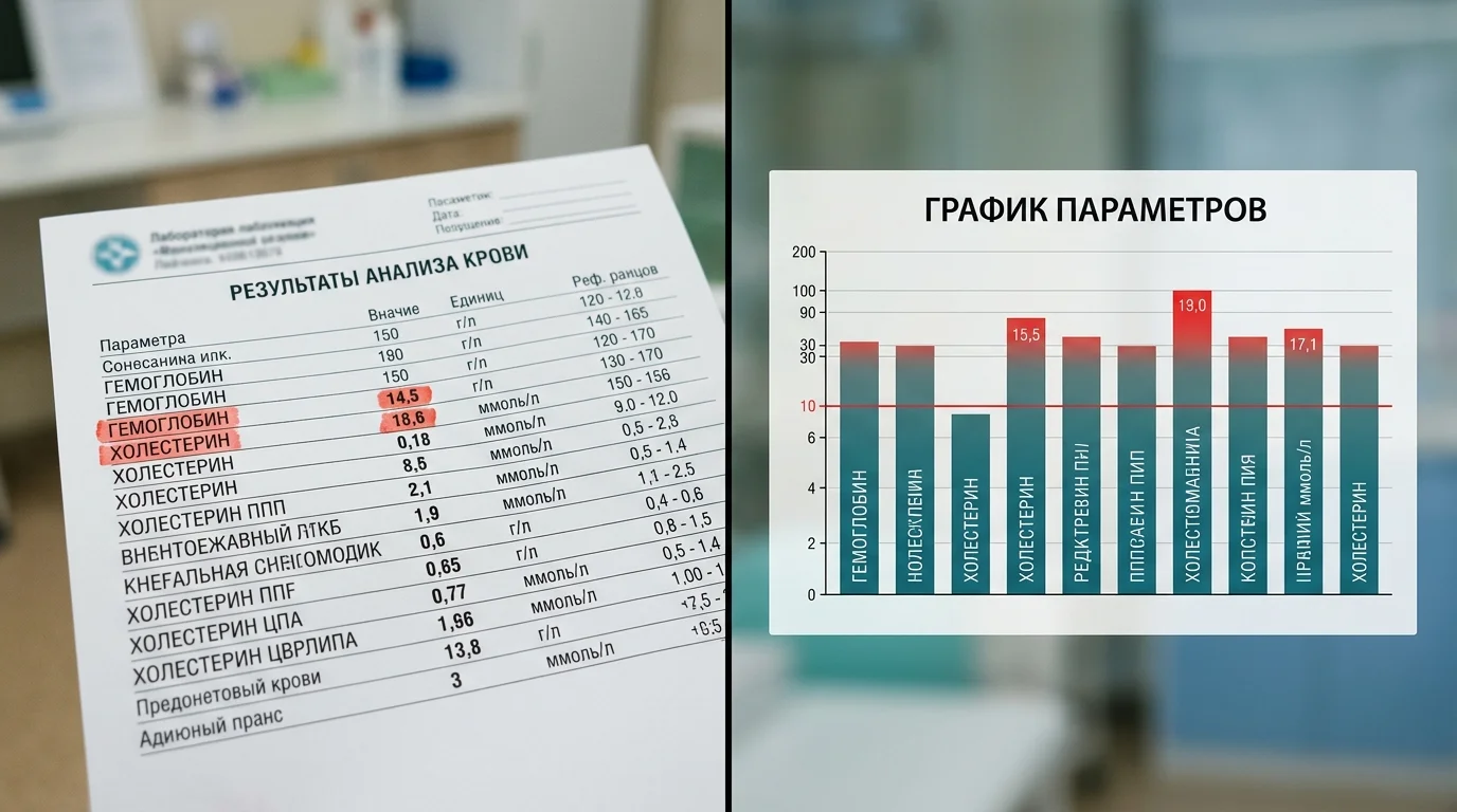 Сравнение показателей анализа с нормальными значениями