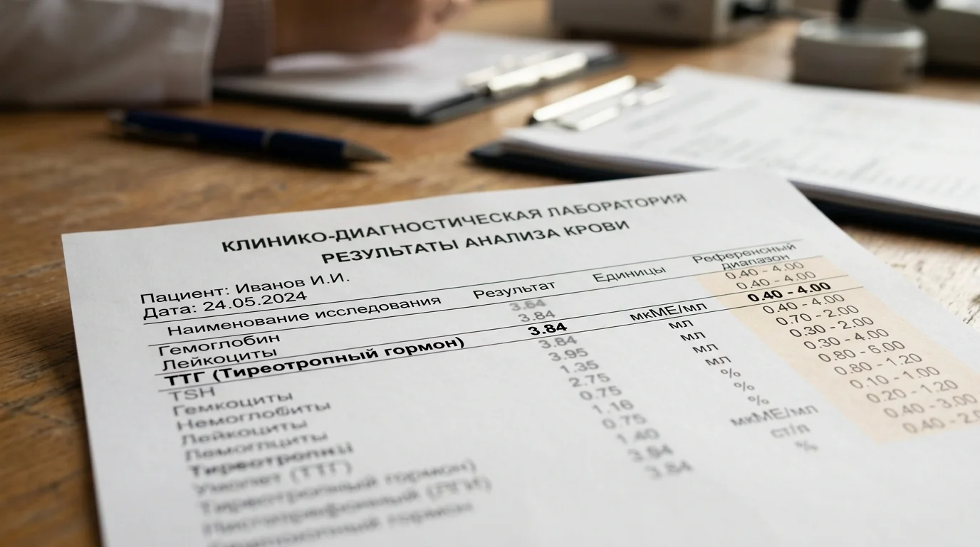 Бланк анализа крови с показателями ТТГ и референсными значениями
