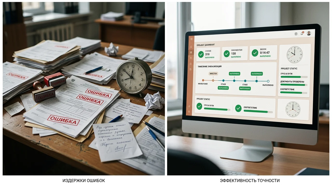 Сравнение хаоса из-за ошибок и порядка при точном оформлении документов — визуализация рисков при таможенном оформлении