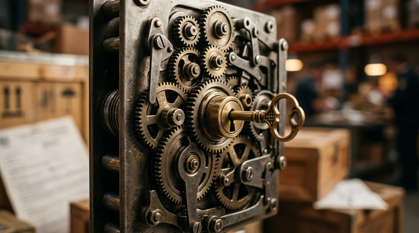 Ключ, поворачивающийся в сложном замке из шестерёнок — метафора точного соблюдения правовой базы таможенного контроля