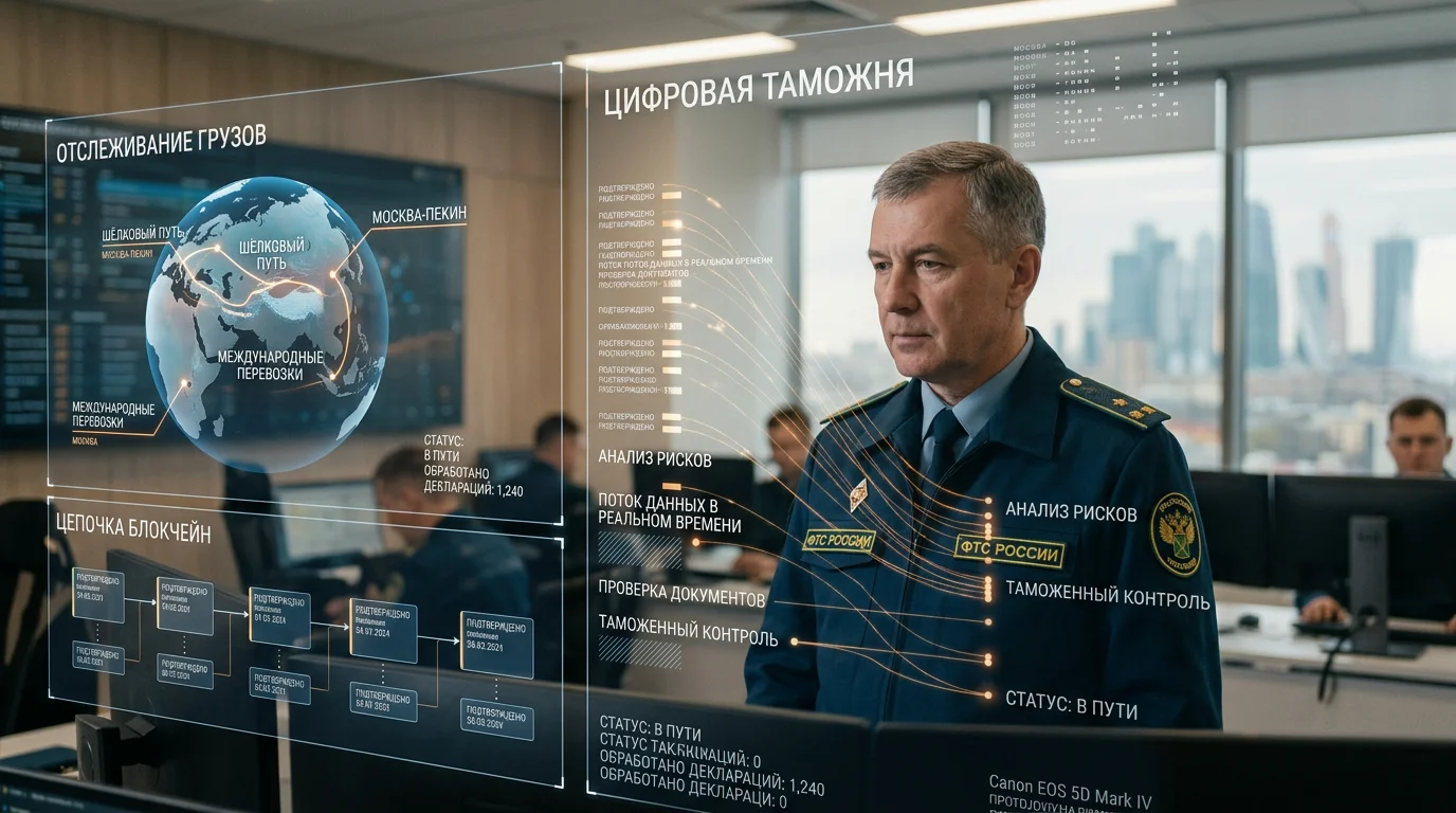 Футуристическая комната с голограммами таможенных данных — метафора цифровой трансформации таможенного контроля