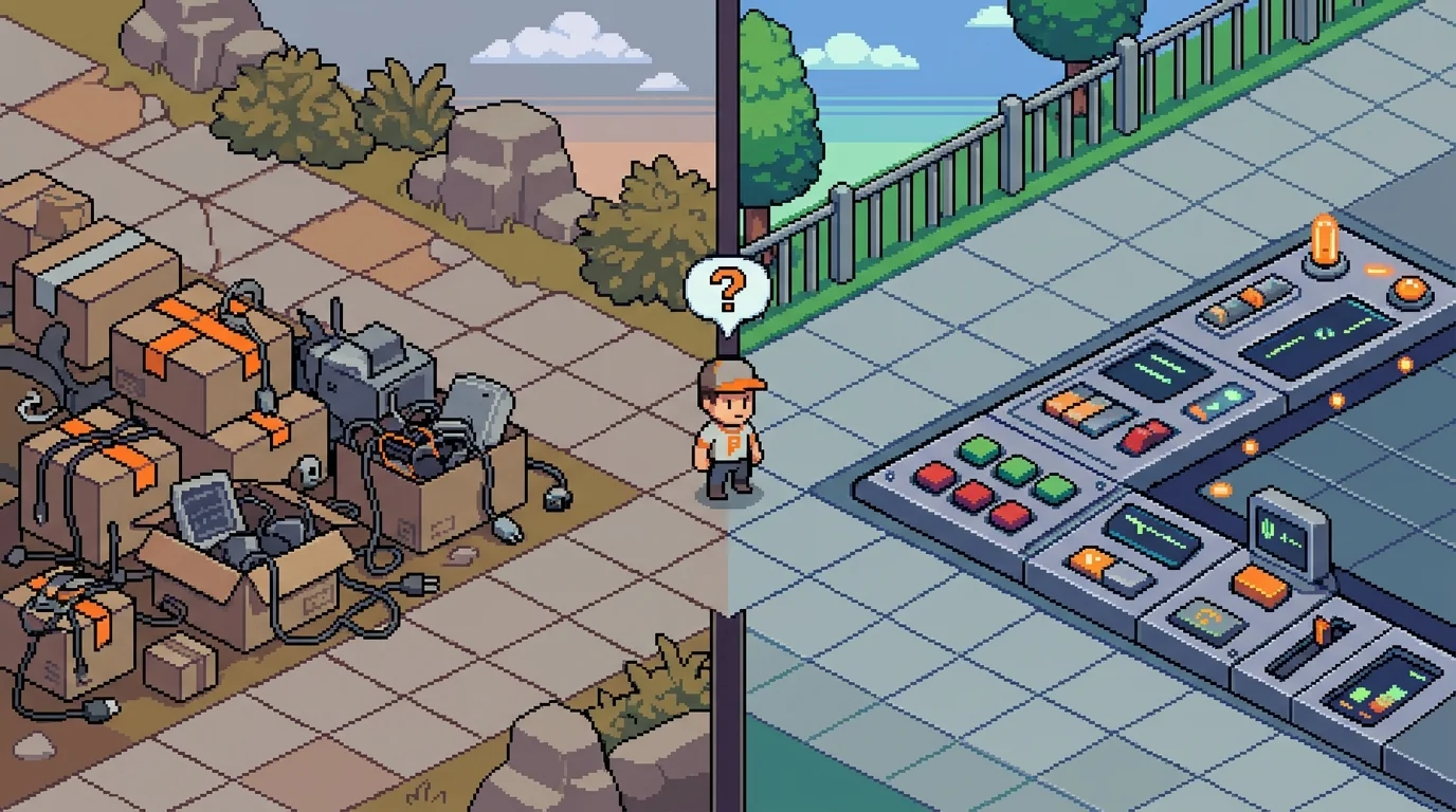 Pixel-art metaphor of a startup founder choosing between many SaaS tools and a single custom-built system.