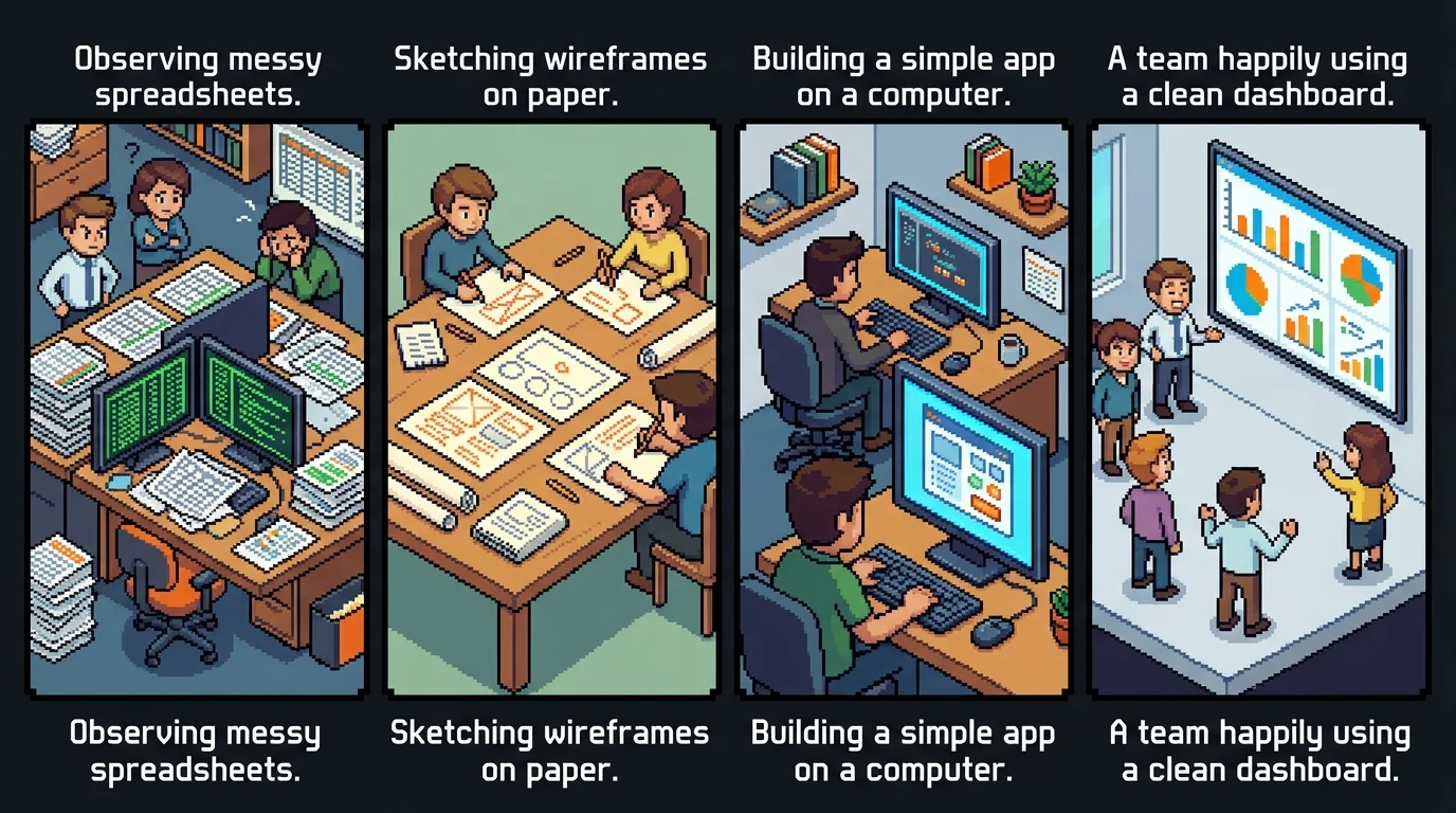 Pixel-art storyboard of the internal tool development process from observation to launch.