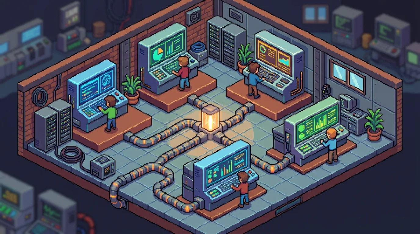 Pixel-art style control room showing five core internal tools powering a startup.