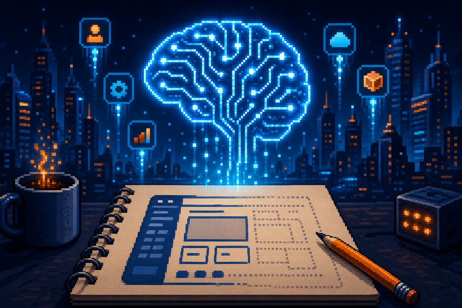 Pixel-art digital brain above sketchpad, symbolizing AI-powered SaaS idea generation