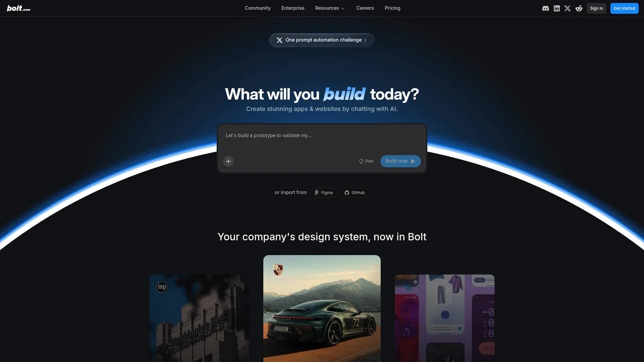 Bolt.new platform interface showing drag-and-drop components and AI prompt input field
