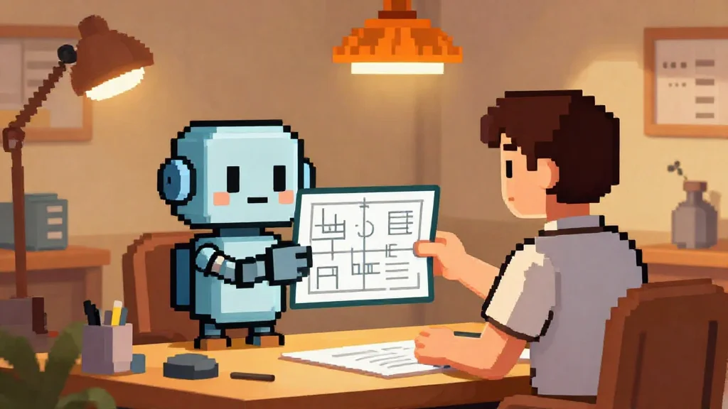 Pixel art robot handing blueprint to human