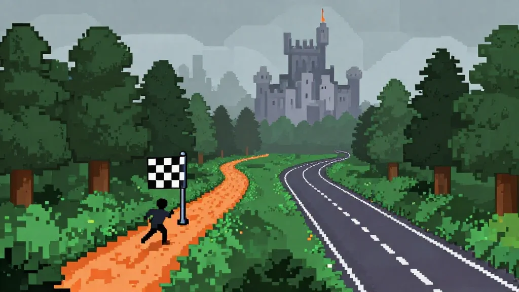 Pixel art decision fork in the road