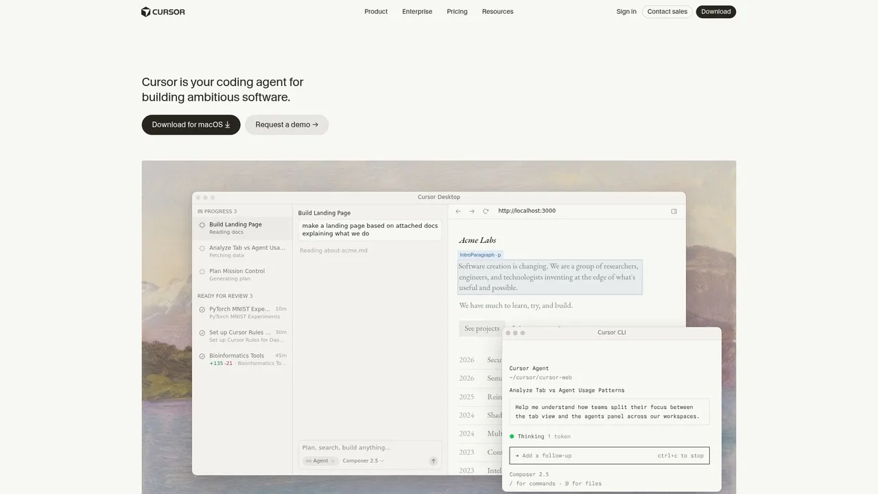 Cursor IDE interface showing AI code generation and inline editing features