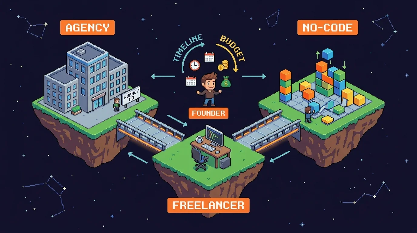 Pixel-art metaphor of agency, freelancer, and no-code as connected but distinct islands