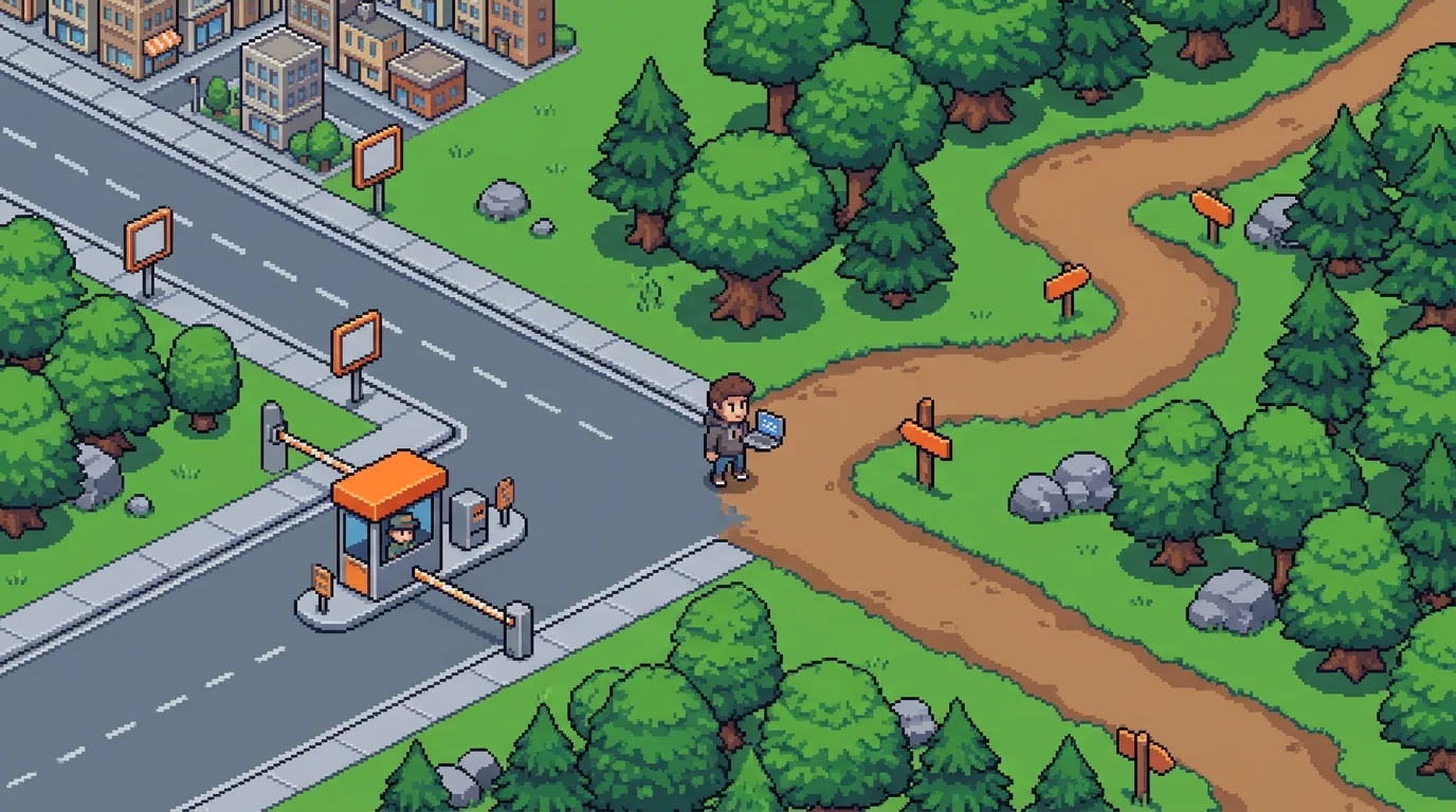 Pixel-art fork in the road comparing structured agency path versus flexible freelancer path