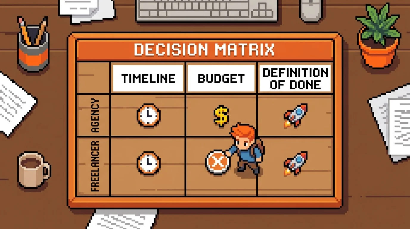 Pixel-art decision matrix comparing agency and freelancer options for MVP development