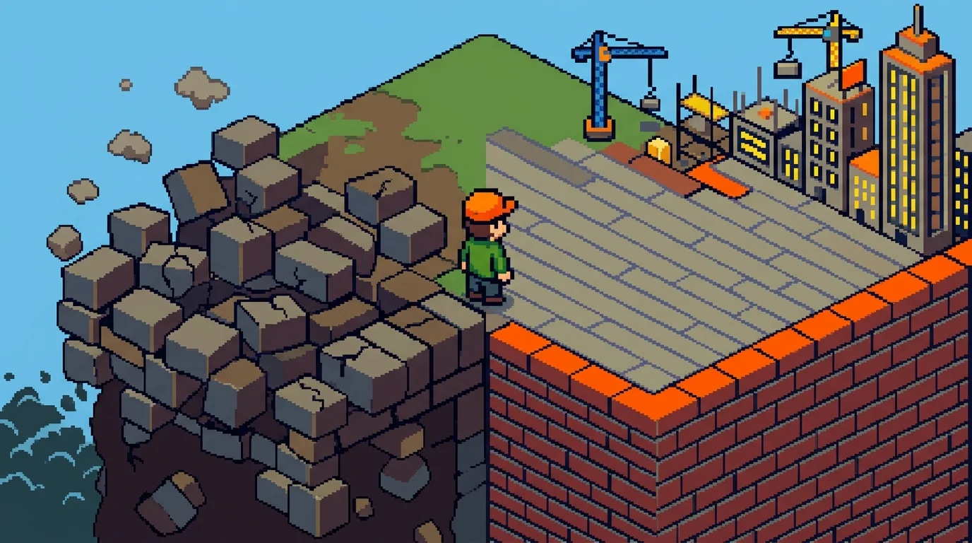 Pixel-art metaphor showing a shaky MVP foundation versus a solid, scalable foundation