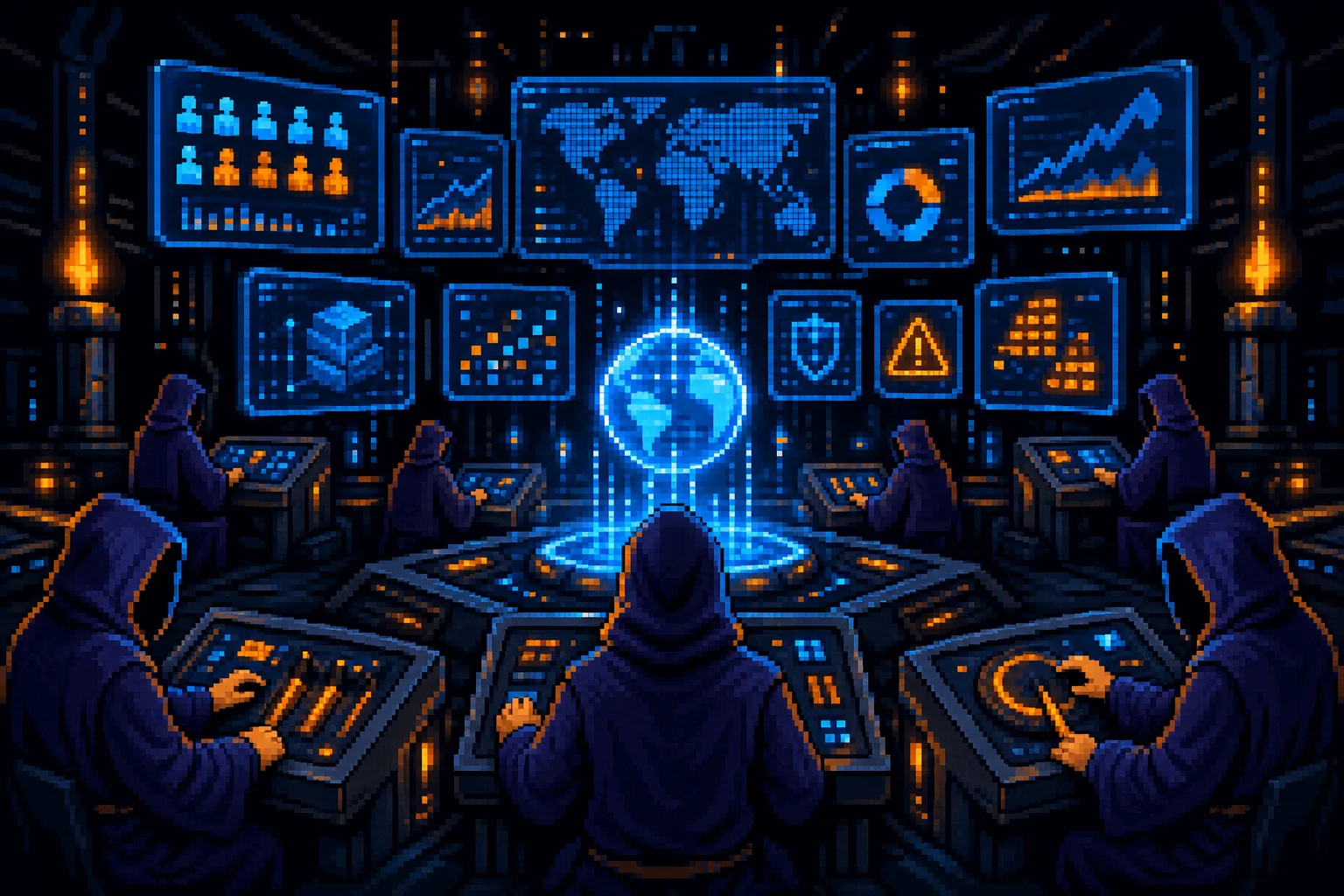 Pixel-art style command center with real-time dashboards and team members managing operations