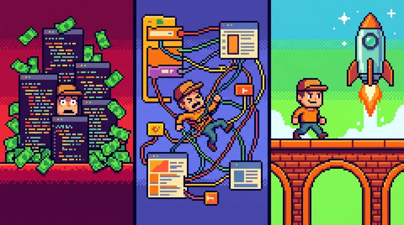 Pixel-art comparison of three MVP development paths: hiring, no-code, and AI-powered service