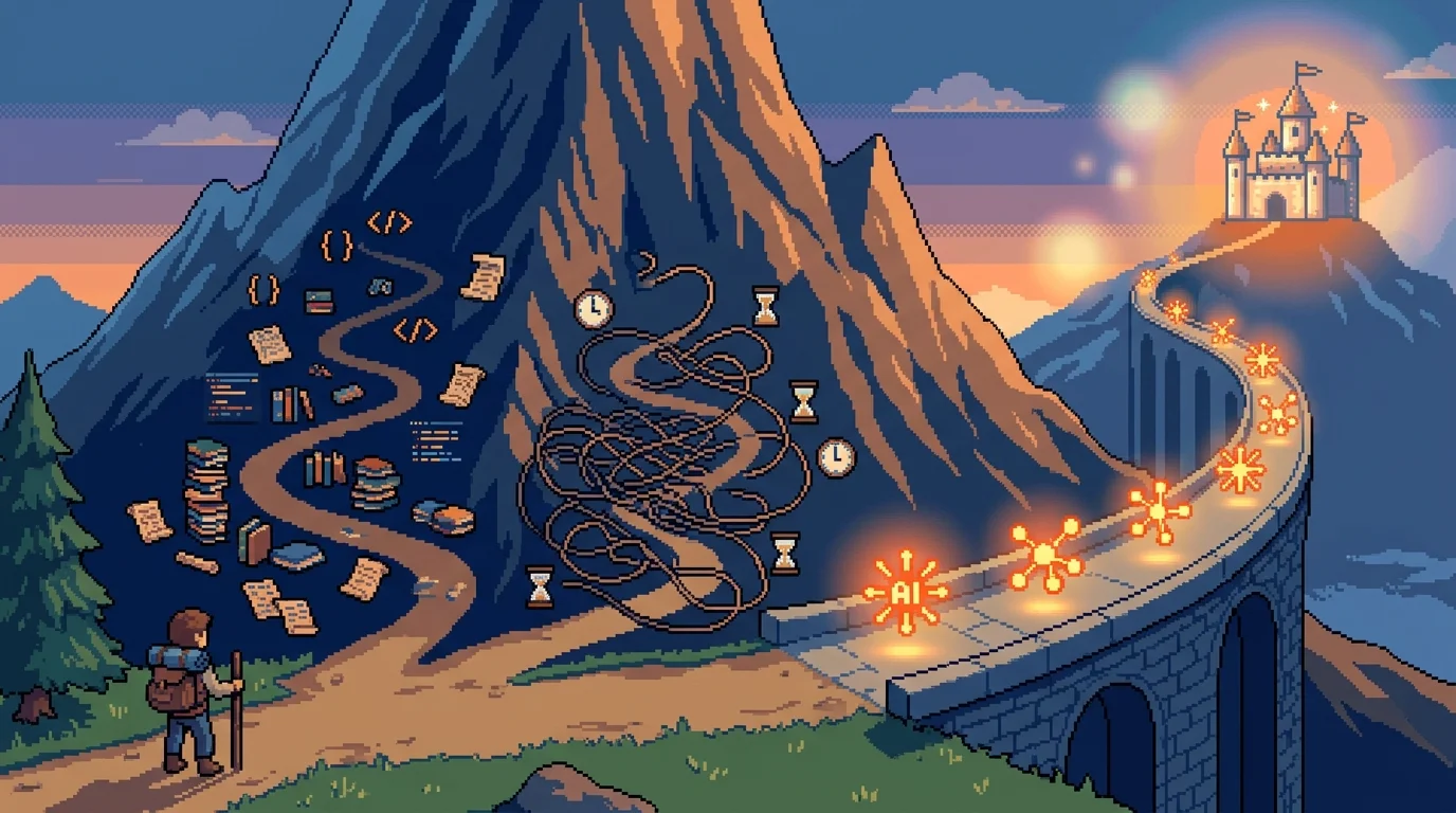 Pixel-art metaphor showing three paths to building an AI MVP: learning to code, hiring developers, or using an AI-powered development service