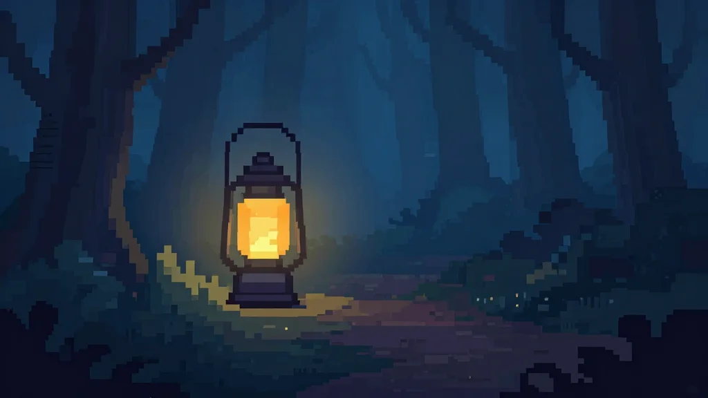 Pixel-art lantern lighting a path in foggy forest, symbolizing vision and focus in product development