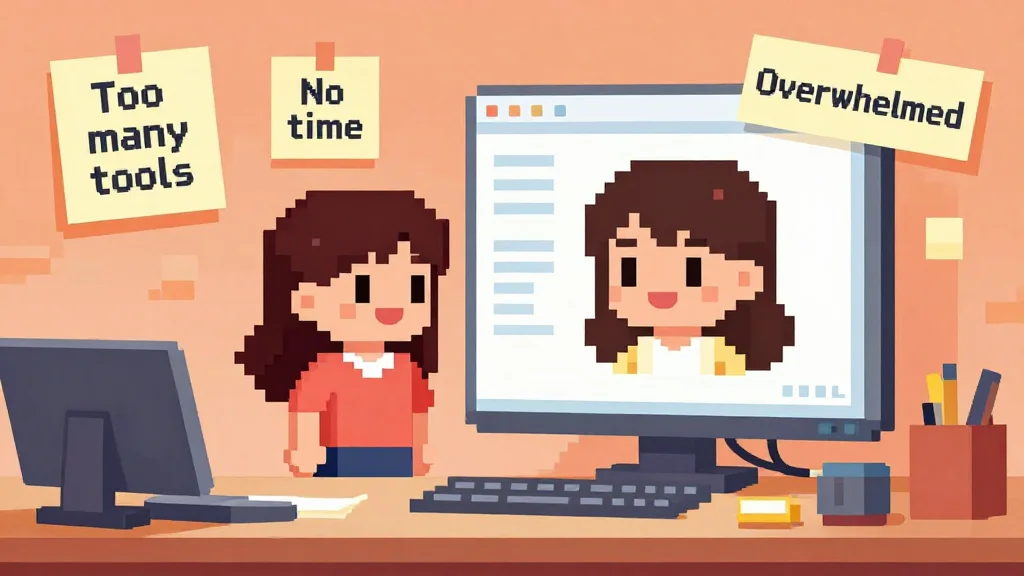 Pixel-art character overwhelmed by tools, looking toward a simplified SaaS solution