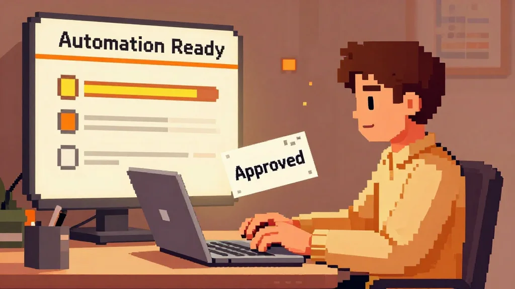Pixel-art founder processing manual MVP tasks with automation gauge filling in background