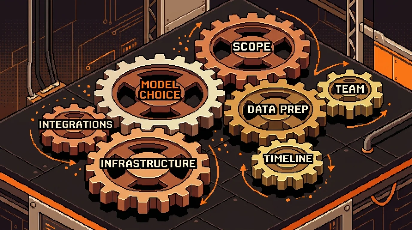 Seven interconnected gears representing the cost drivers for AI MVP development