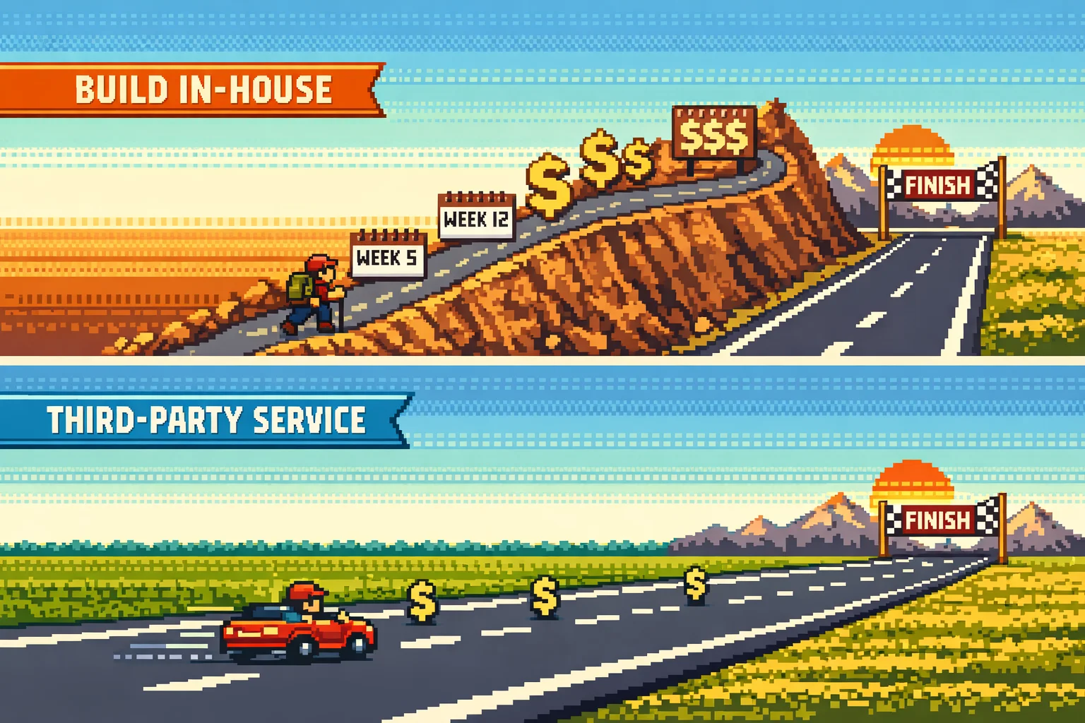 Pixel-art timeline comparison showing build in-house versus third-party authentication services