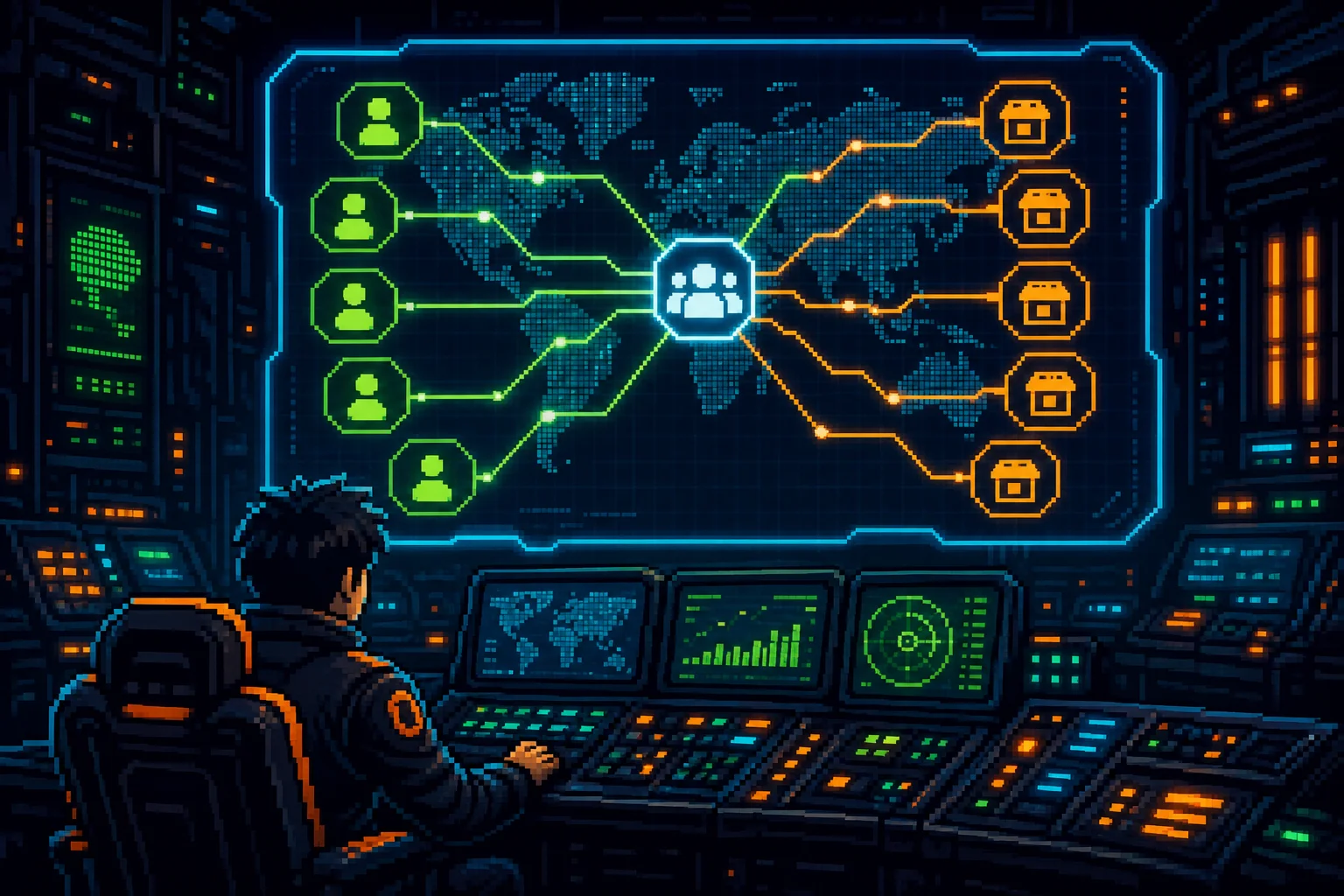 Pixel art admin dashboard monitoring marketplace transactions