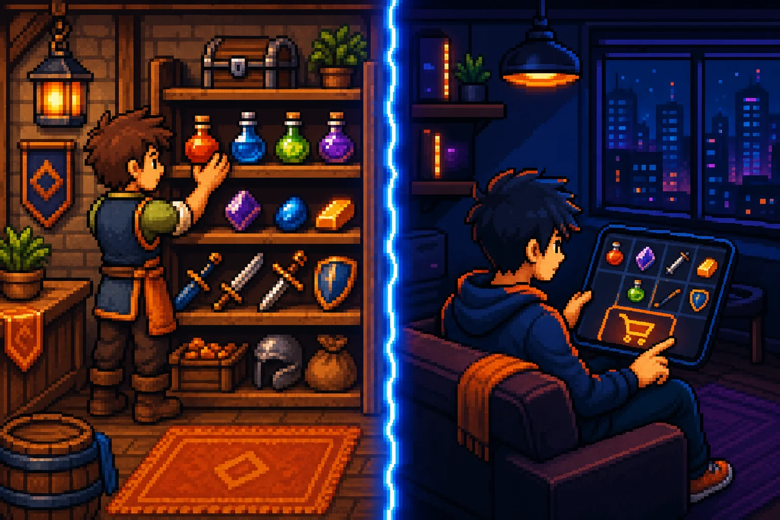 Pixel art split screen showing vendor and buyer workflows