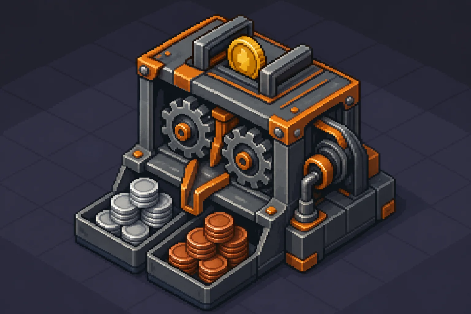 Pixel art mechanism splitting a coin into two piles