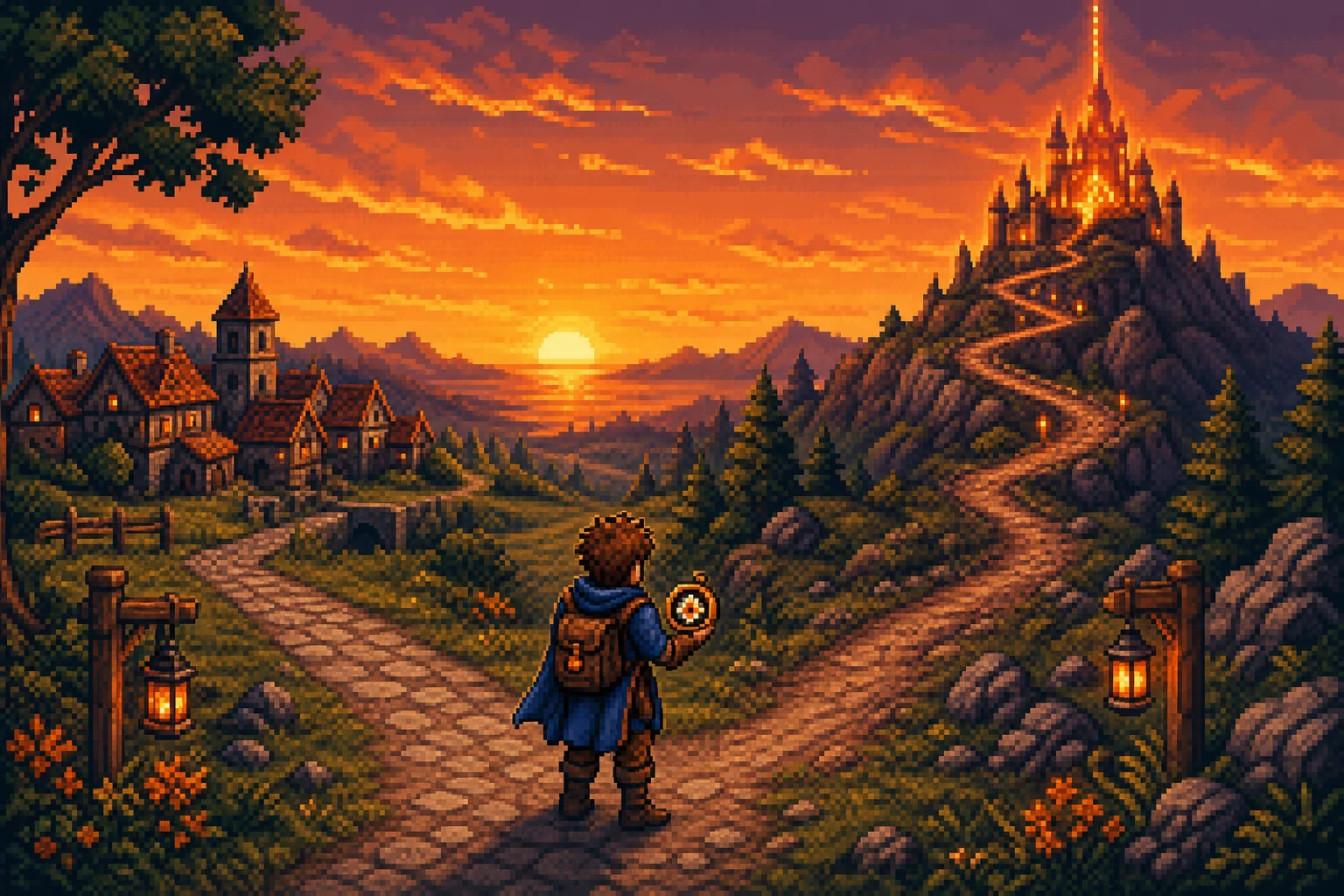 Pixel art traveler choosing between a short path and a long path