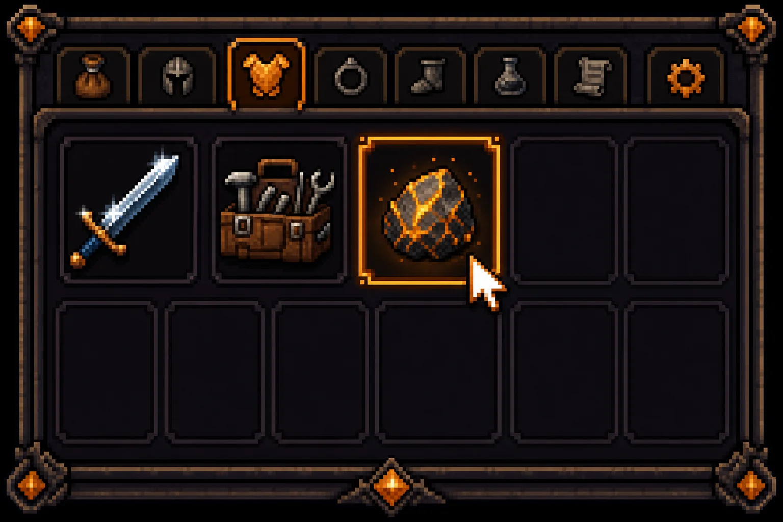 Pixel art inventory screen showing three build options