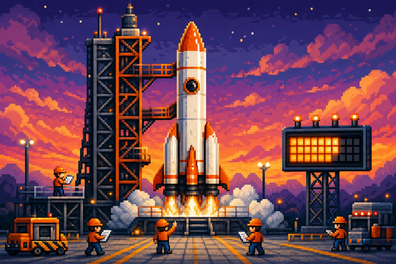 Pixel art rocket launch with engineers checking a checklist