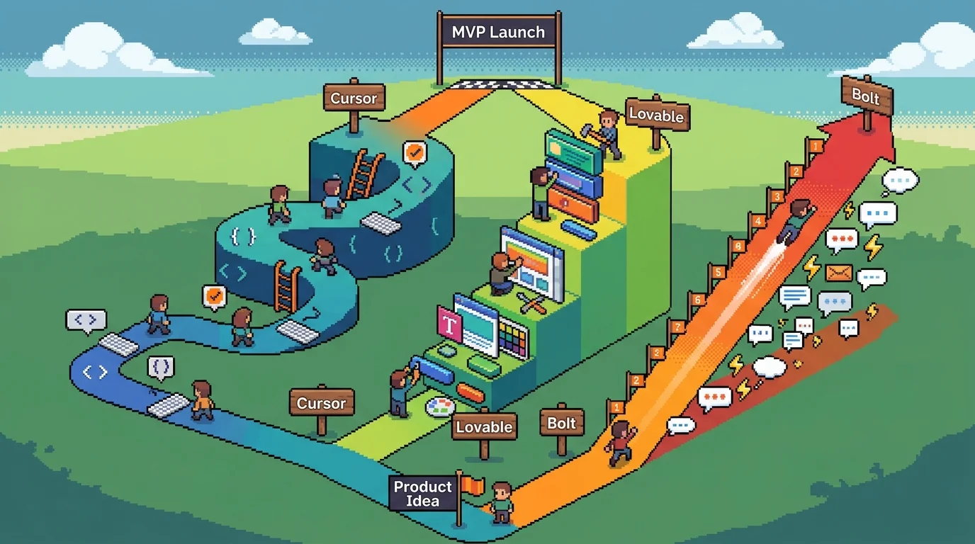 Pixel-art comparison showing three different paths to MVP launch with Cursor, Lovable, and Bolt tools