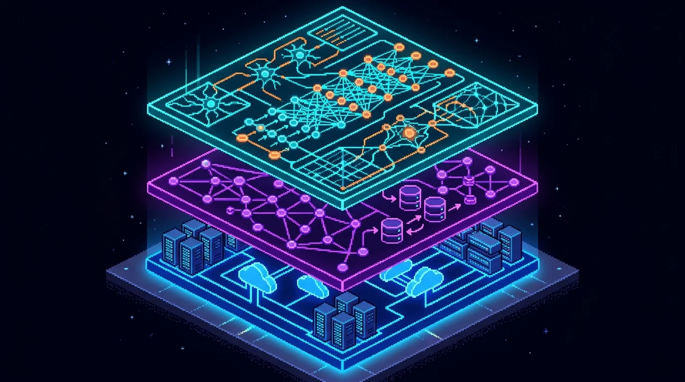 Three-layer pixel-art diagram of the vibe coding stack showing AI code generation, no-code platforms, and deployment infrastructure
