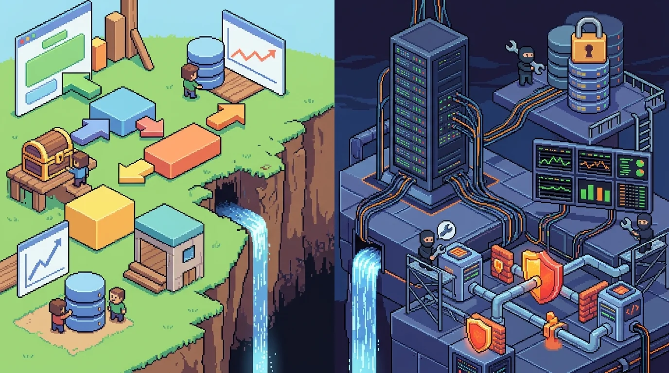 Pixel-art split-screen showing the gap between an AI prototype and a production-ready SaaS product