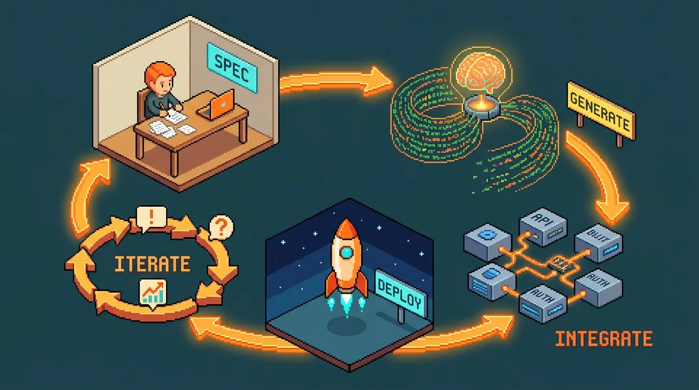 Pixel-art flowchart of the five-step vibe coding workflow from specification to iteration