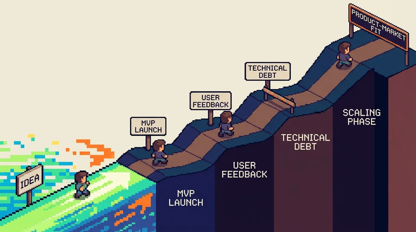 Pixel-art timeline showing founder journey from idea to product-market fit with vibe coding acceleration followed by structured scaling